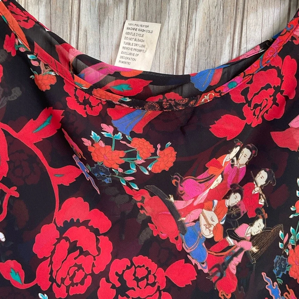 90s Josie Natori Asian Drawstring Semi Sheer Mini Dress Nightgown
